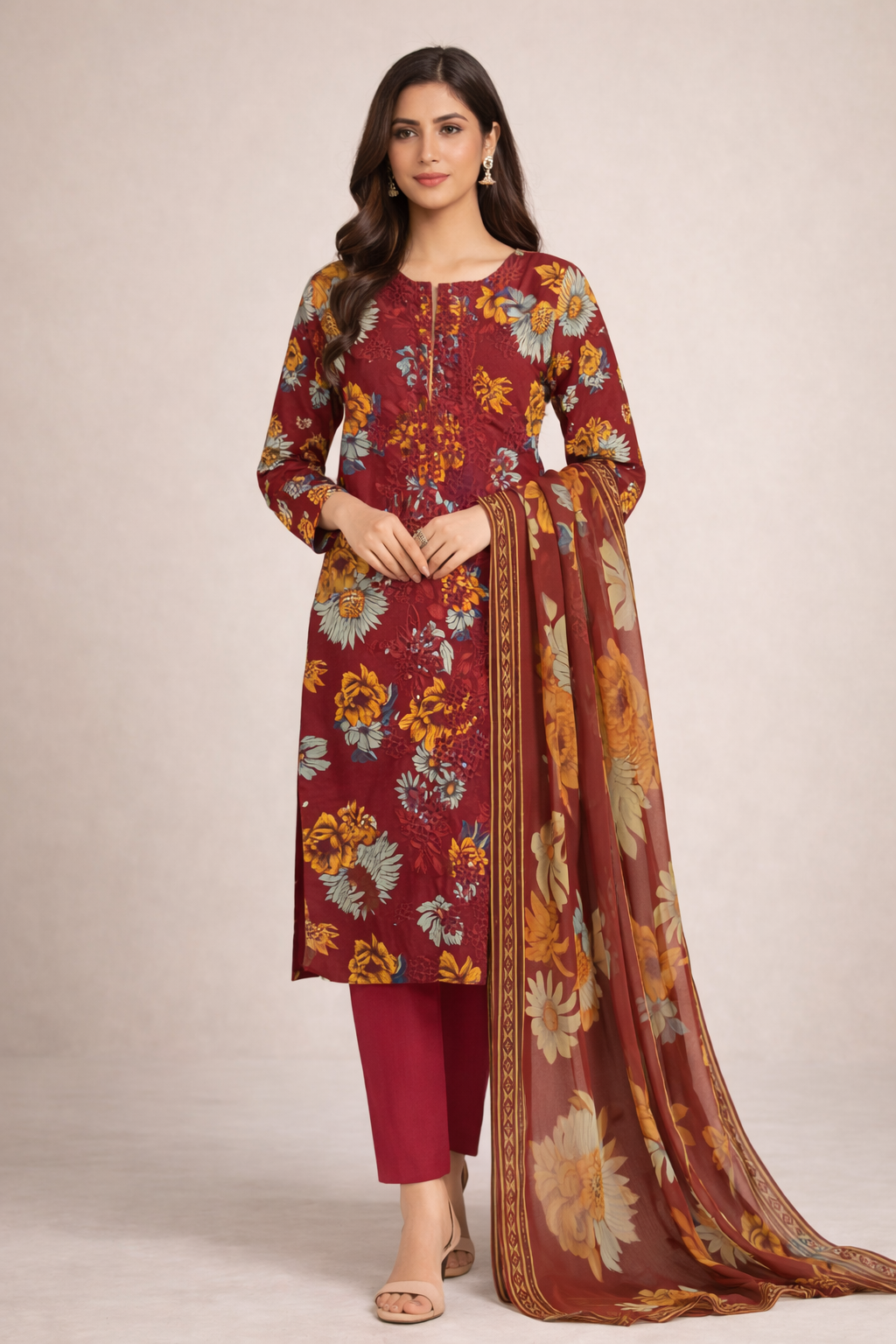Sundas Chiffon Dupatta 3 Piece Lawn (Stitched)