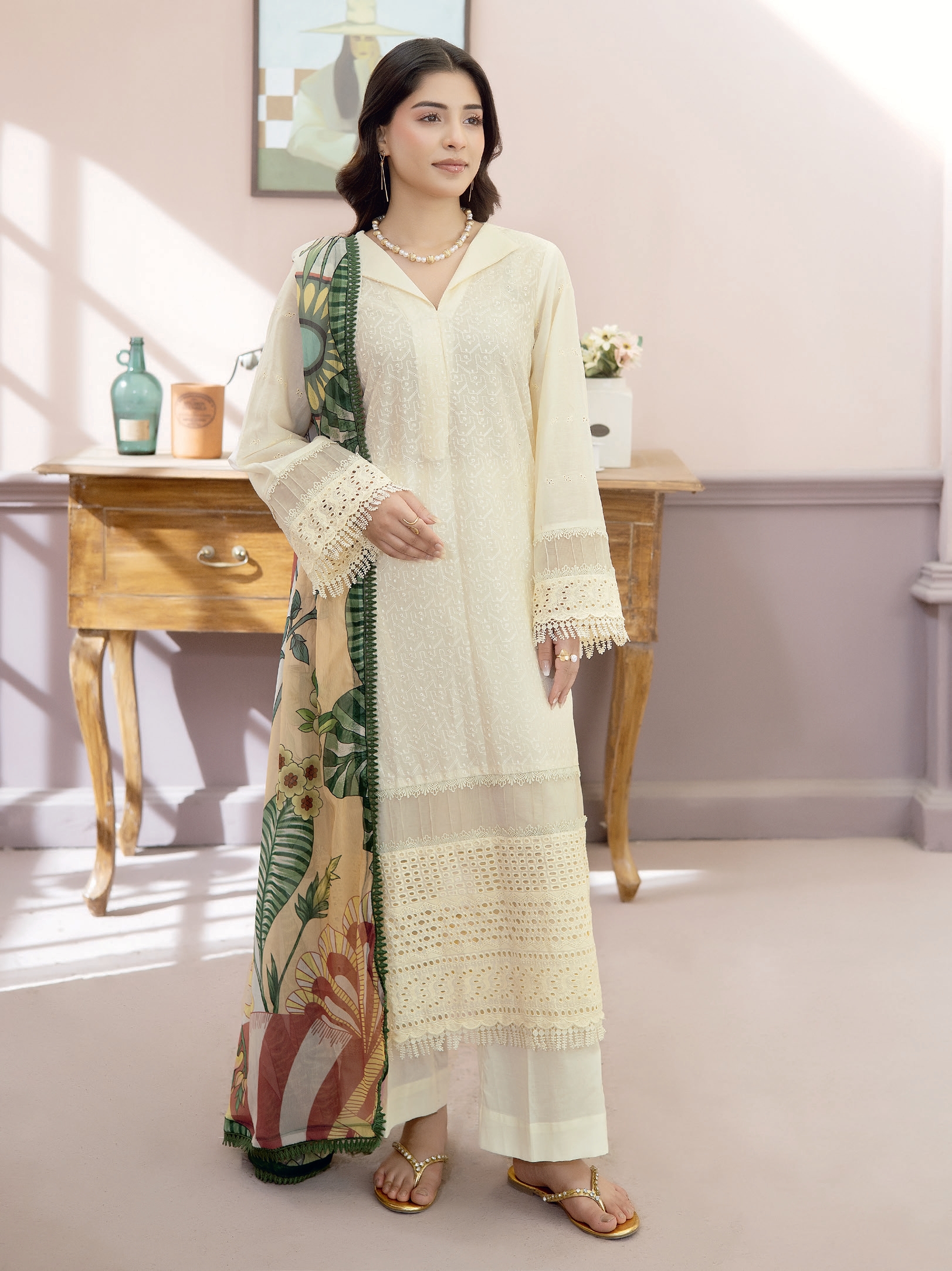 Chikankari Lawn with Printed Chiffon Dupatta  (Unstitched)
