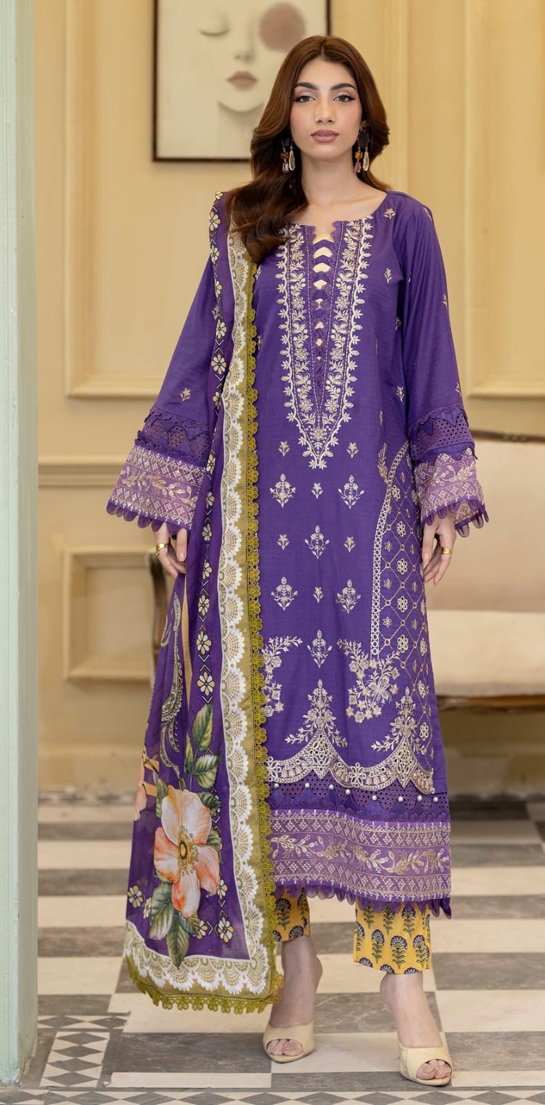 Embroidered Lawn with Printed Lawn Dupatta and Printed Trouser (Unstitched)