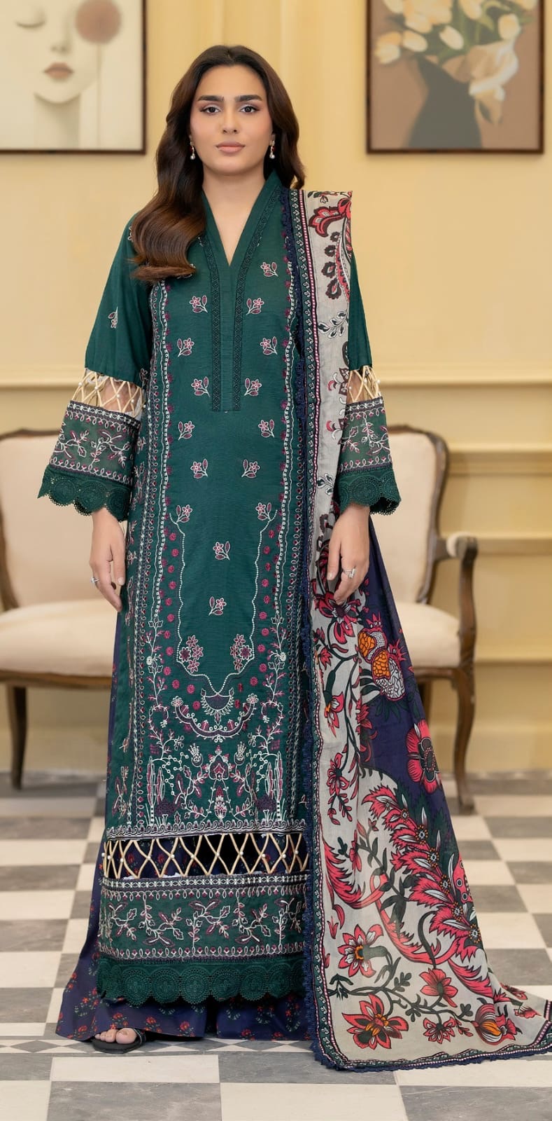Embroidered Lawn with Printed Lawn Dupatta and Printed Trouser (Unstitched)
